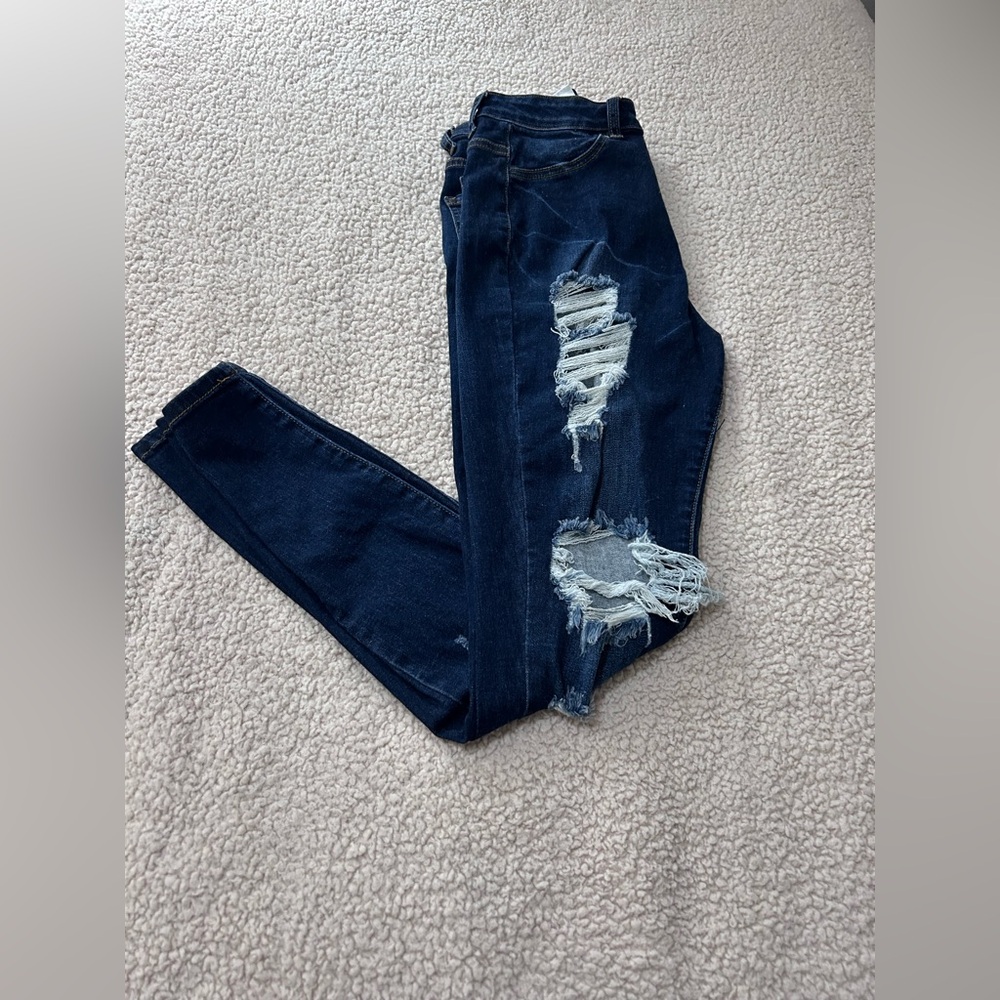 Fashion Nova Dark Navy Distressed Skinny Jeans